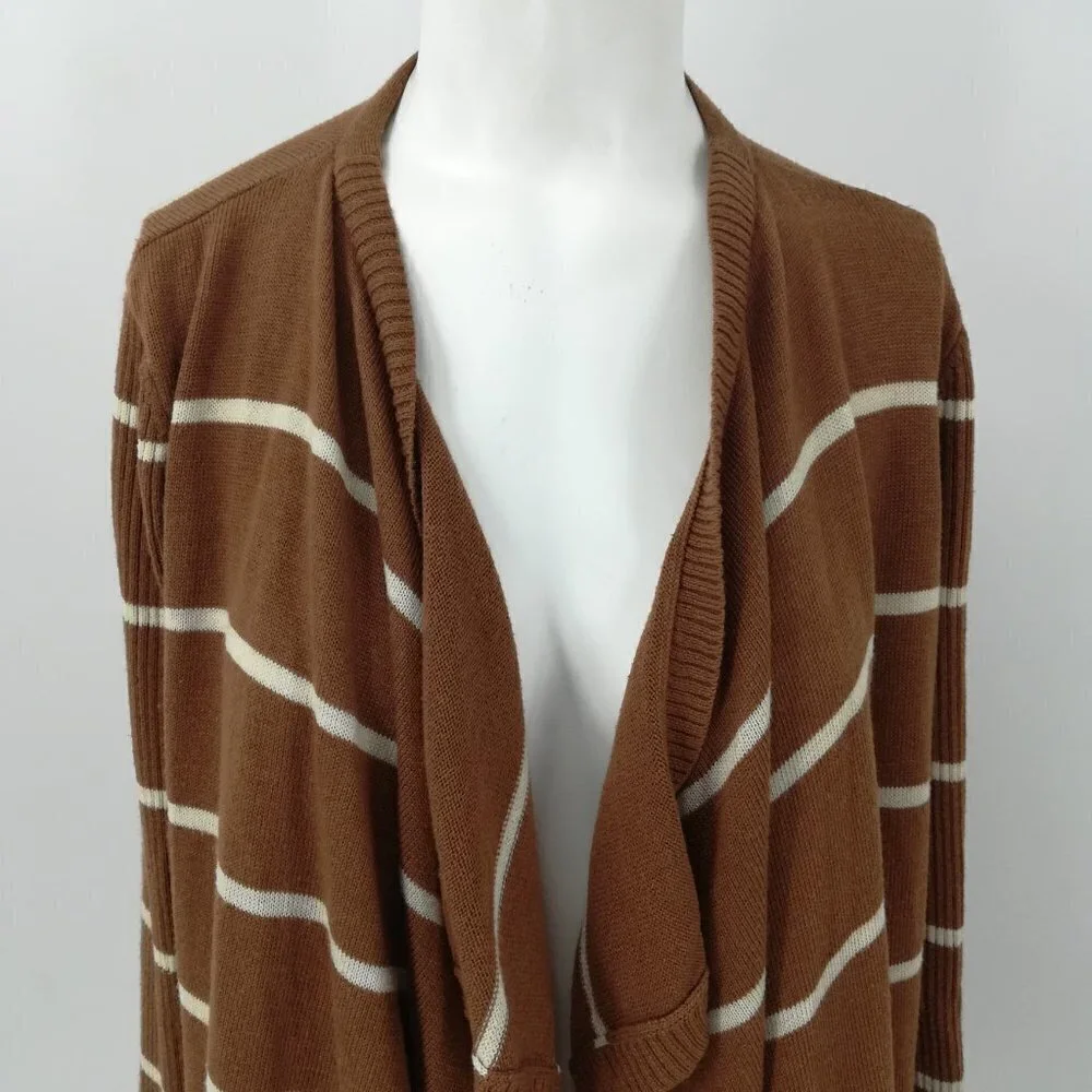 Mystree Brown Striped Waterfall Cardigan Sweater Size S Knit Wrap Open Front